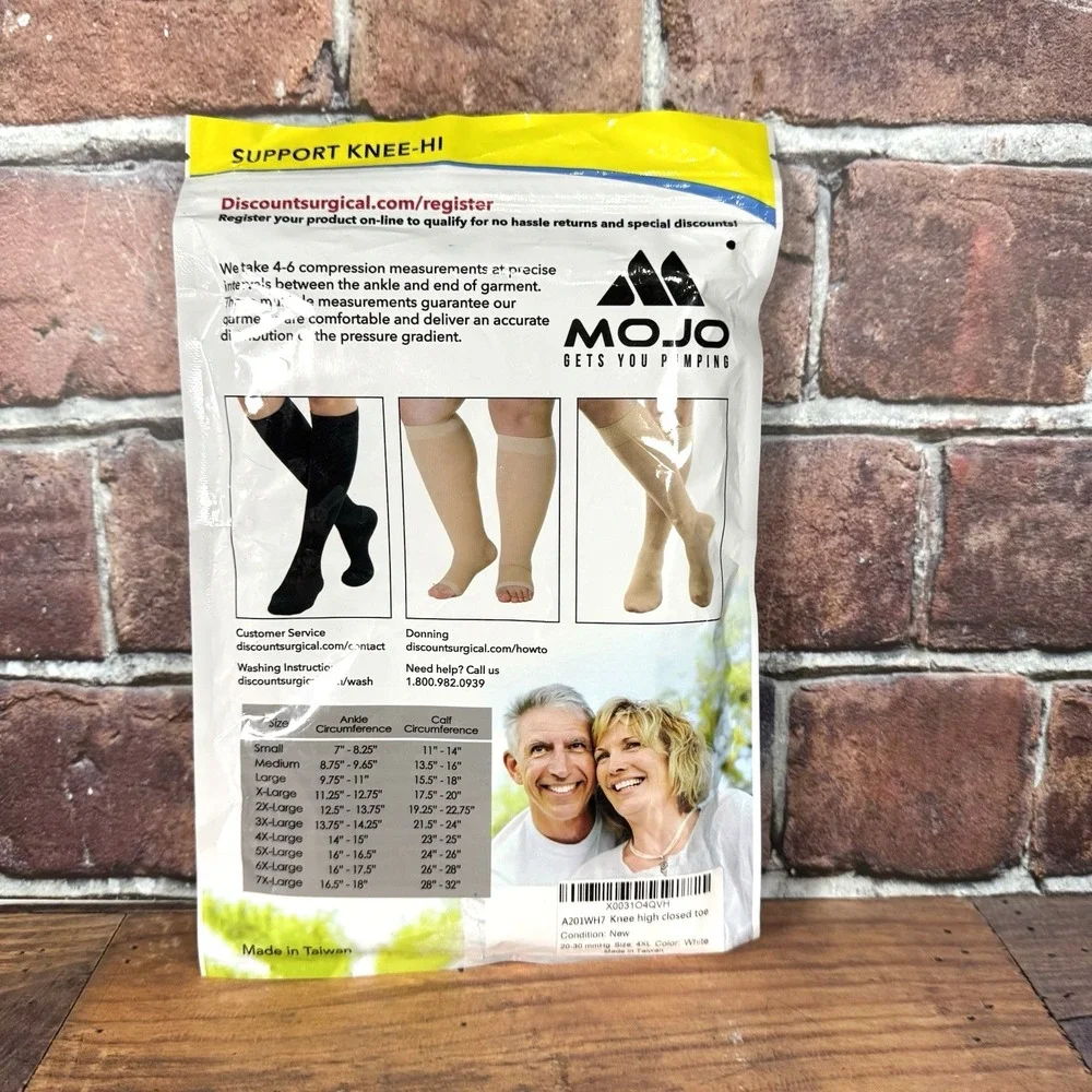Mojo Knee High Compression Support Sock Size 4XL White Unisex Closed Toe 20-30mm